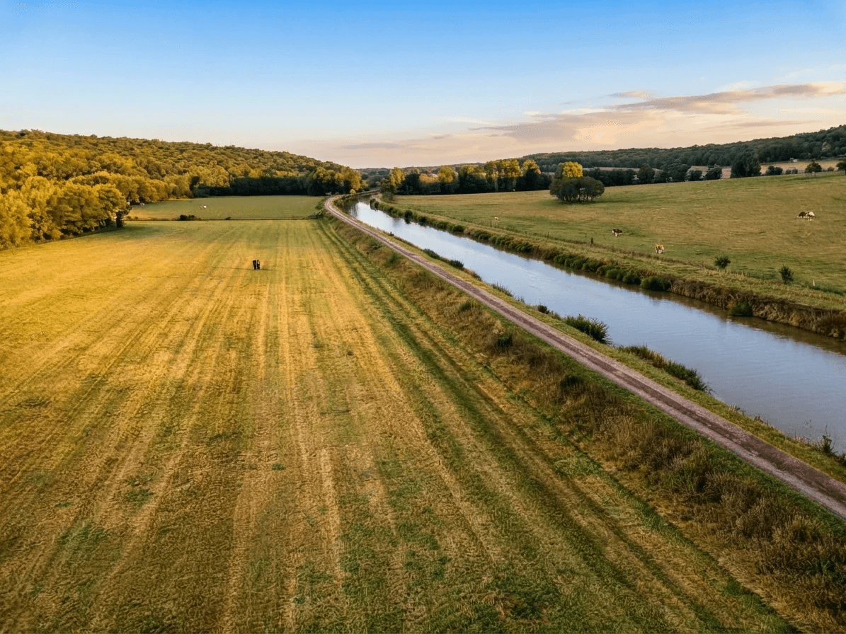 Vue aérienne par drone d'un canal et de prairies en Franche-Comté au coucher du soleil