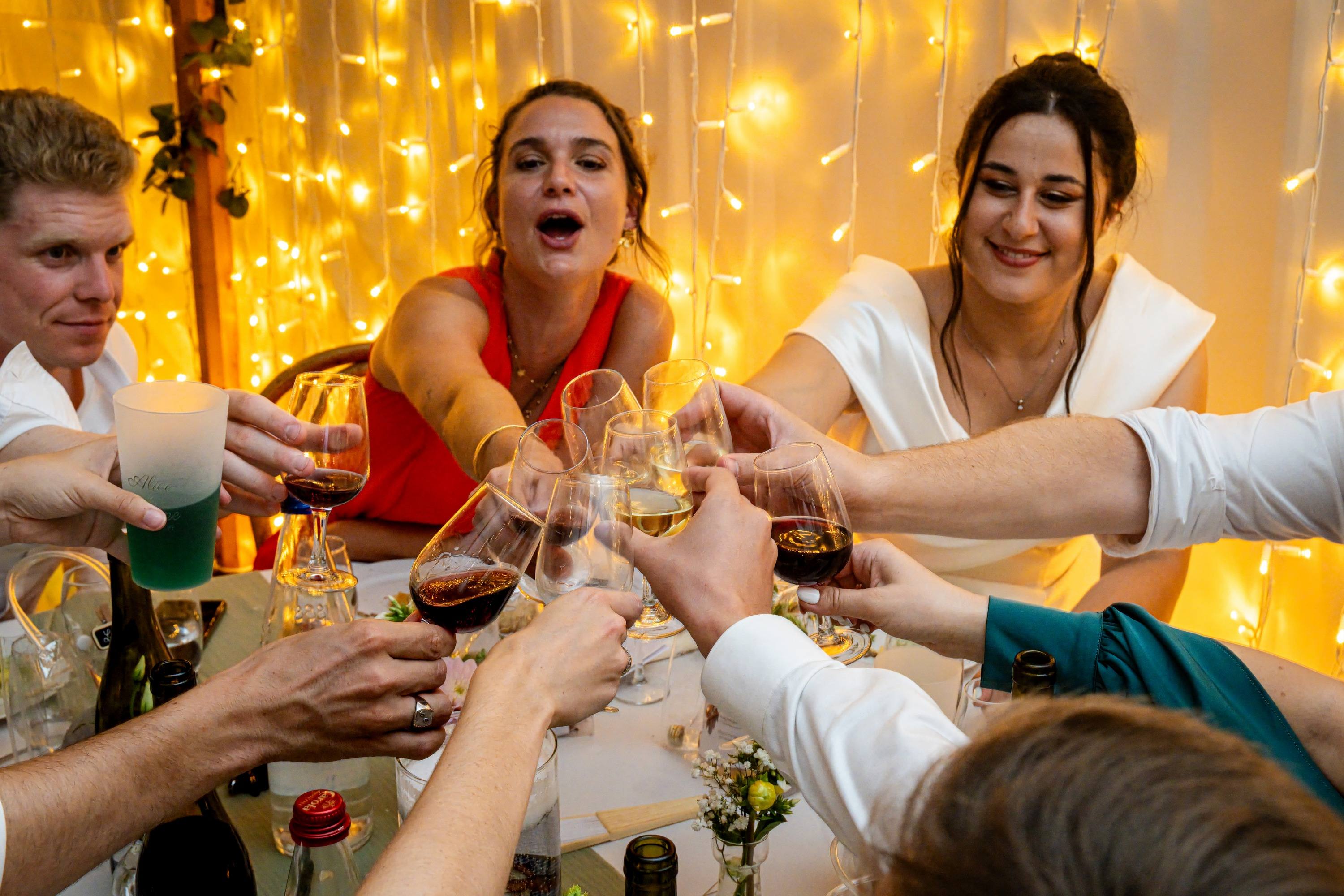 Invités trinquant sous les guirlandes lumineuses pendant la soirée de mariage