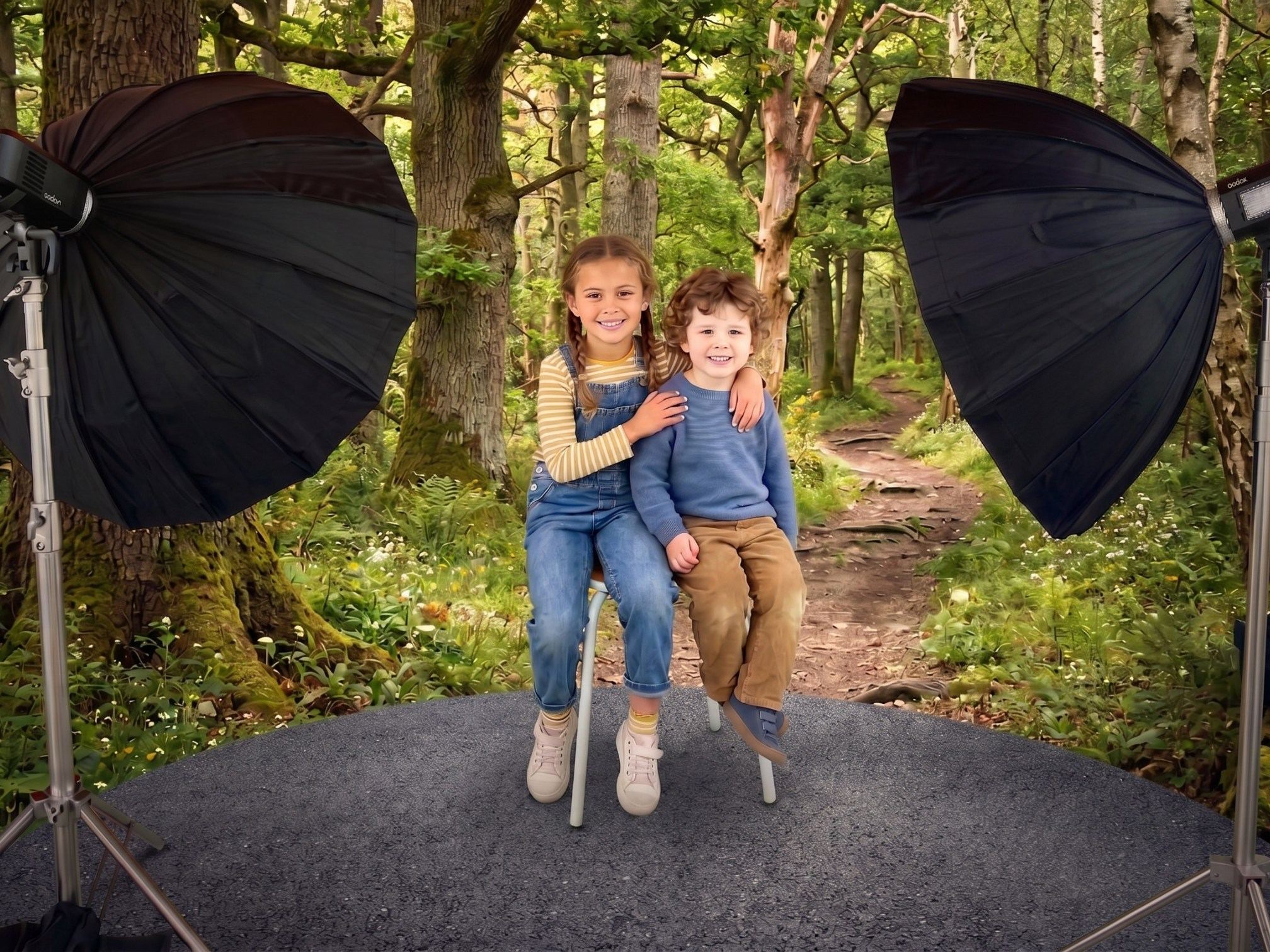 Portrait fratrie en extérieur : frère et sœur souriants assis sur un banc, encadrés par deux boîtes à lumière Godox — séance photo scolaire dans le Doubs et la Haute-Saône