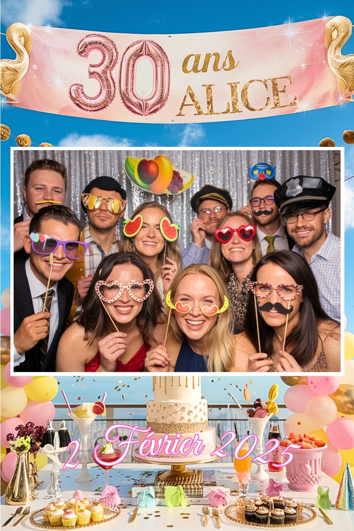 Décoration festive pour les 30 ans d’Alice, avec une arche de ballons rose gold et dorés, une grande bannière scintillante et une table d’anniversaire élégamment dressée, sans personnages visibles.